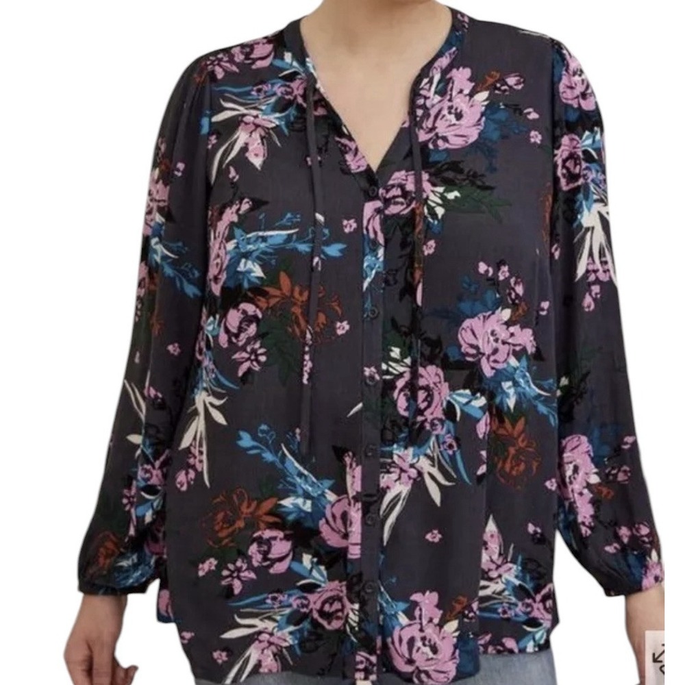 Torrid Top Women 1X Plus Floral Crinkle Gauze Button Front Peasant Long Sleeve